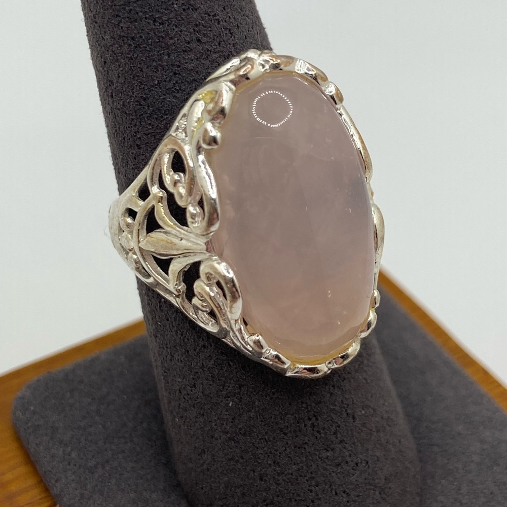 Sterling Silver Oval Pink Rose Quartz Filigree Side Ring • Size 8